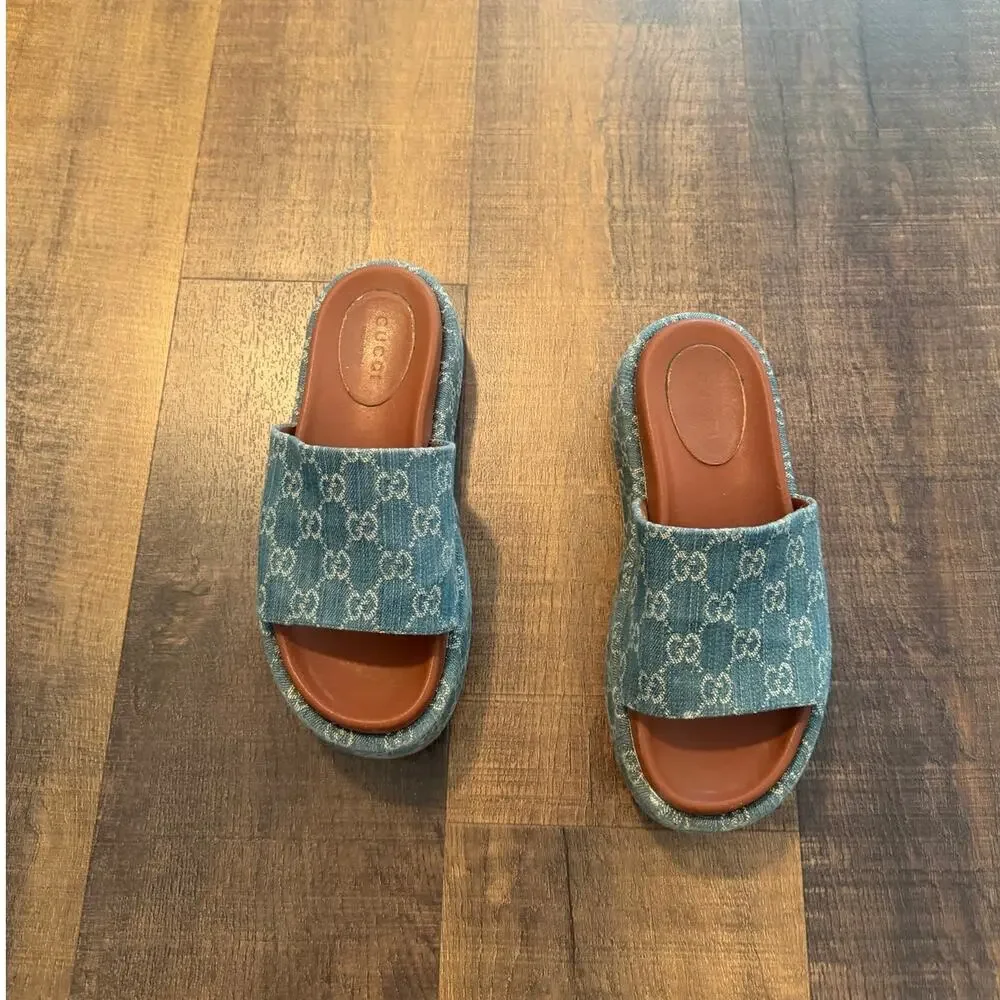 Gucci GG Denim Platform Slide Sandals Women's Size 7.5 Made in Italy